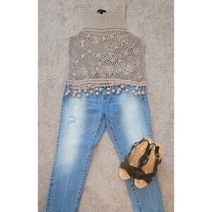 VTG Y2K Forever 21 Crochet Cami Tassel Hem Crop Top M Sand Alt Boho Festival